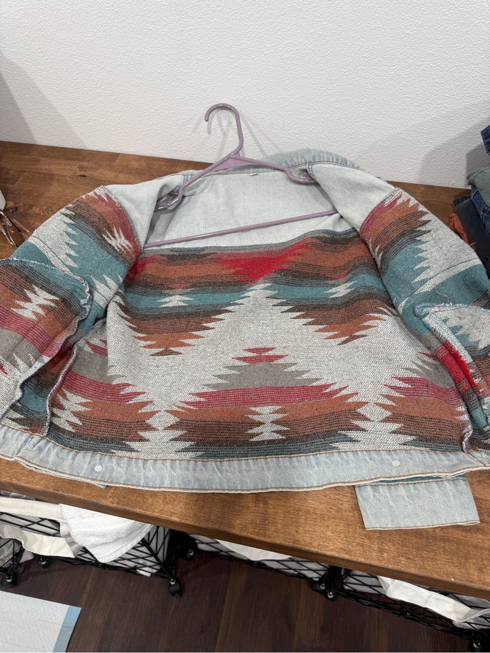 Aztec Pattern Light Wash Denim Jacket - Multi-Color - Picture 4 of 7
